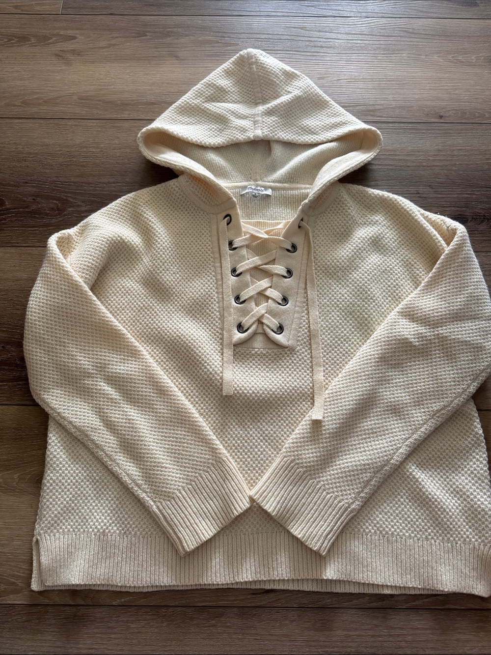 Madewell Cream Lace-Up Hooded Sweater